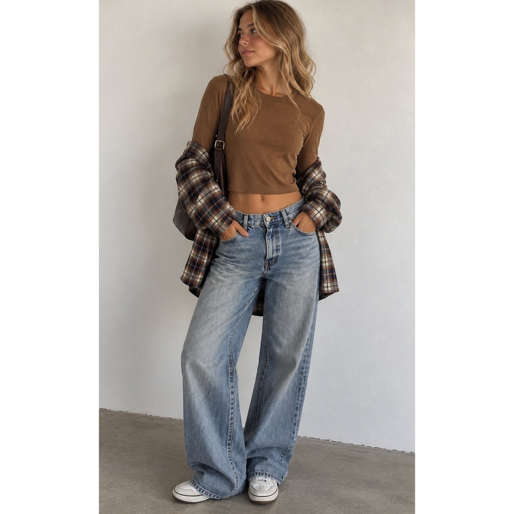 Madewell Ribbed Long Sleeve Crop Top Medium Brown Cotton Modal Fall Y2K